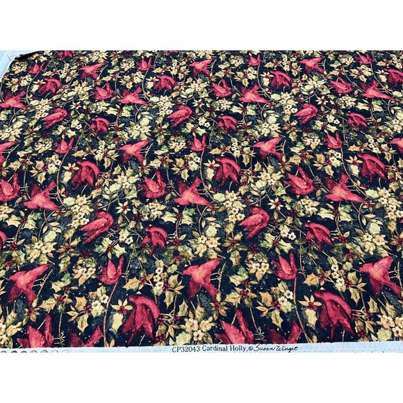 Fabric - Susan Winget "CARDINAL HOLLY" Birds, 100% Cotton - 1.50 Yards - NEW - Picture 2 of 14